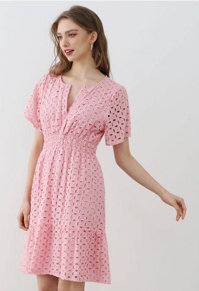 Eyelet Embroidery V-Neck Cotton Dress in Pink