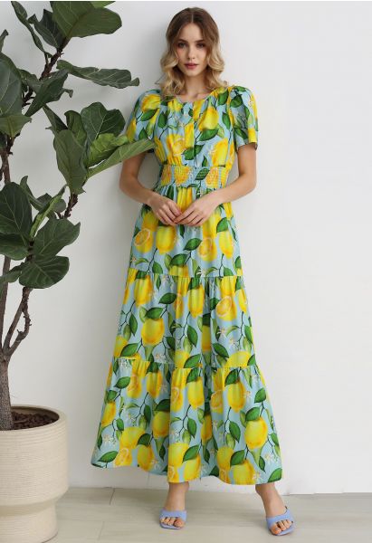 Zesty Yellow Lemon Printed Maxi Dress