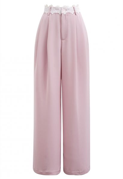 Lacy Waist Pleated Straight-Leg Pants in Pink