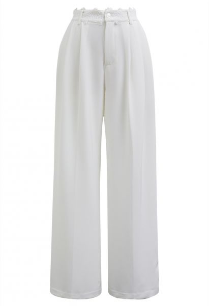 Lacy Waist Pleated Straight-Leg Pants in White