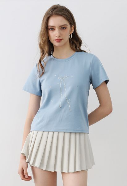 Bowknot Print Short Sleeve T-Shirt in Dusty Blue