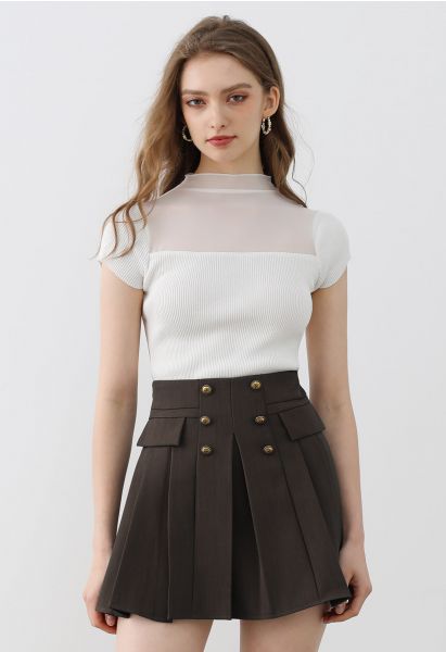 Double-Breasted Pleated Preppy Mini Skorts in Brown