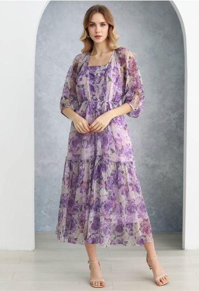Gauzy Floral Print Bubble Sleeve Dolly Dress in Purple