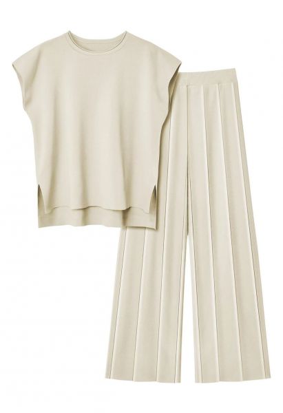 Daily Comfort Sleeveless Top and Straight-Leg Pants Set in Oatmeal