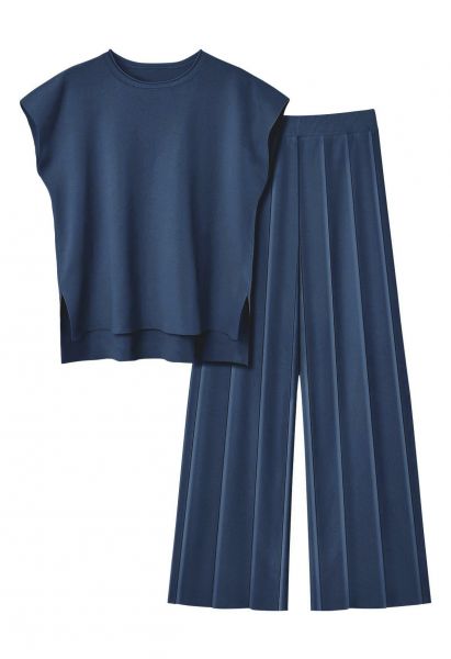 Daily Comfort Sleeveless Top and Straight-Leg Pants Set in Navy