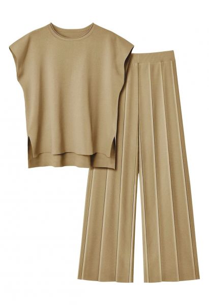Daily Comfort Sleeveless Top and Straight-Leg Pants Set in Tan