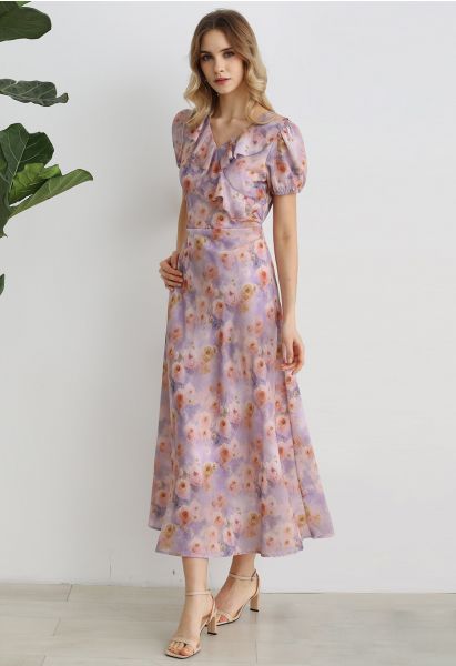 Rose Printed Ruffle Trim Maxi Dress in Lilac