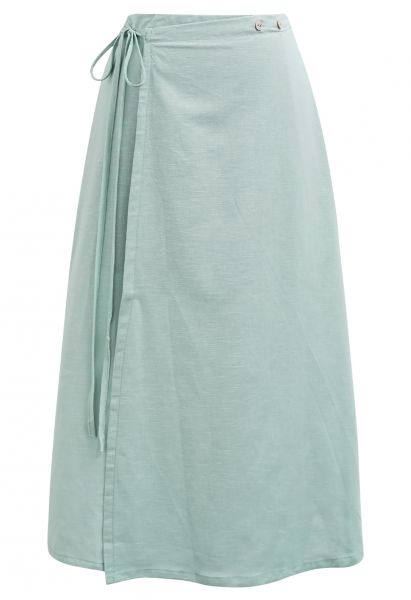 Buttoned Tie-Waist Split Flap Midi Skirt in Mint