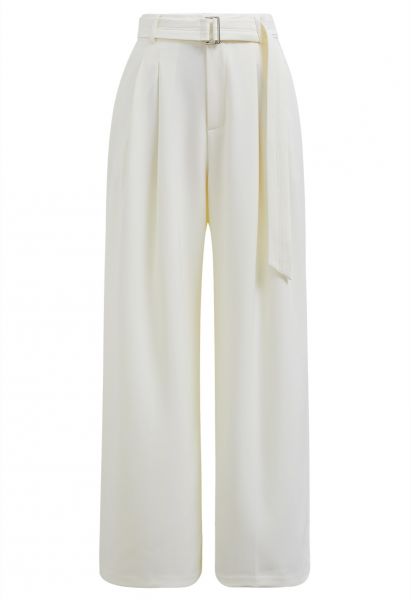 Belted Side Pocket Pleated Pants in Ivory
