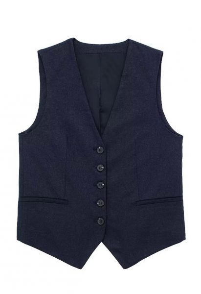 V-Neck Buttoned Down Linen-Blend Vest in Navy