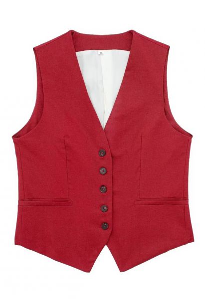 V-Neck Buttoned Down Linen-Blend Vest in Red