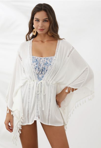 Tassel Batwing Sleeve Waist Tie Cover-Up Dress in White