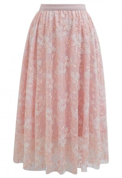 Floral Leaf Embroidered Mesh Tulle Midi Skirt in Pink