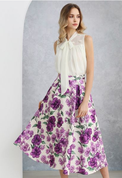 Purple Blooms Jacquard Pleated A-Line Skirt