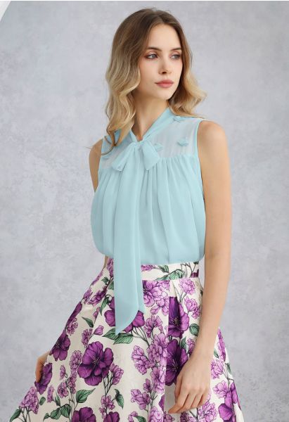 Pearly Petal Bowknot Chiffon Sleeveless Top in Mint