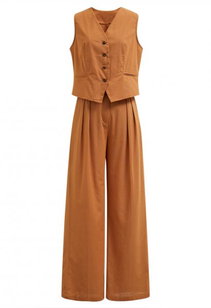 Linen-Blend Button Down Vest and Pants Set in Pumpkin