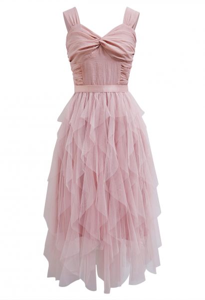 Twist Detail Mesh Tulle Cami Dress in Pink