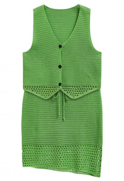 Openwork Crochet Buttoned Vest and Drawstring Skirt Set in Green