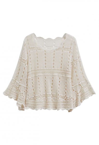 Hollow Out Full Crochet Flare Sleeve Cotton Top