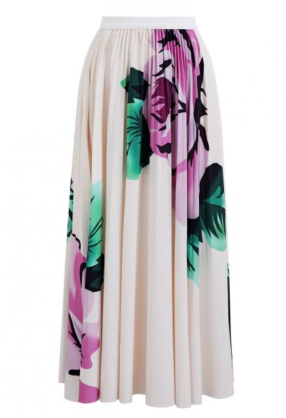 Watercolor Floral Accordion Pleated Skirt in Ivory