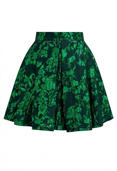 Green Floral Jacquard Pleated Mini Skirt
