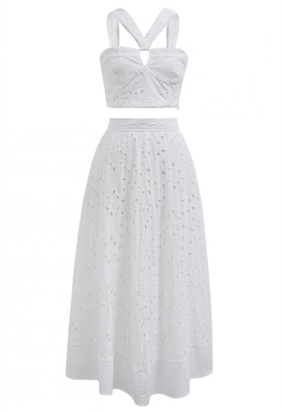 Embroidered Eyelet Halter Top and Flare Skirt Set