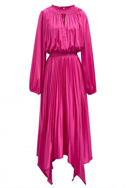 Cutout Shirred Detail Pleated Asymmetric Dress in Hot Pink