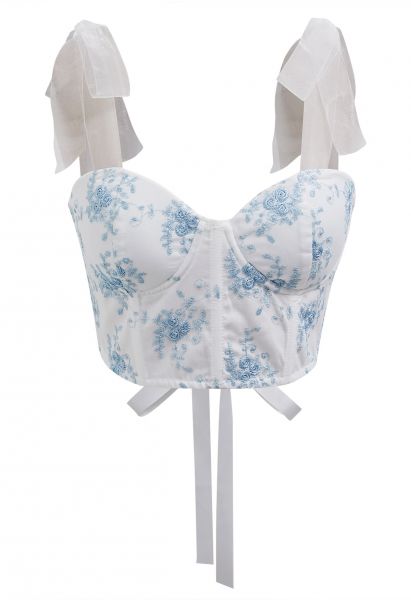 Blue Floral Embroidered Tie-Strap Bustier Top in White
