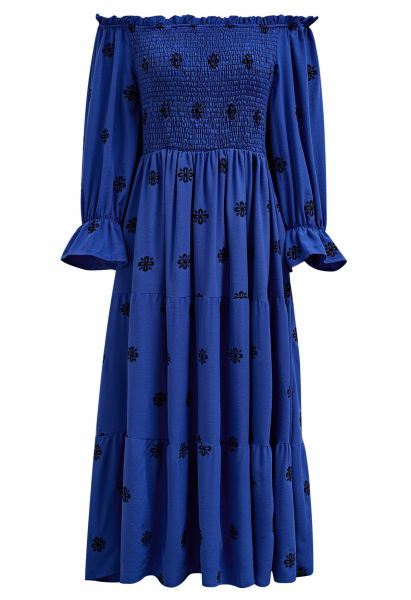 Black Floral Embroidery Shirred Midi Dress in Navy