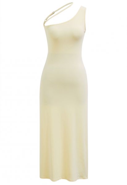 Oblique One Shoulder Bodycon Midi Dress in Cream