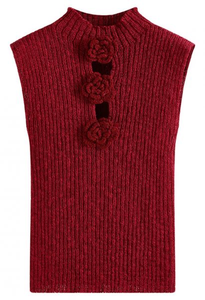 3D Crochet Flower Sleeveless Knit Top in Red