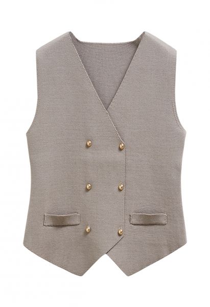 Asymmetric Hem Double-Breasted Knit Vest in Taupe