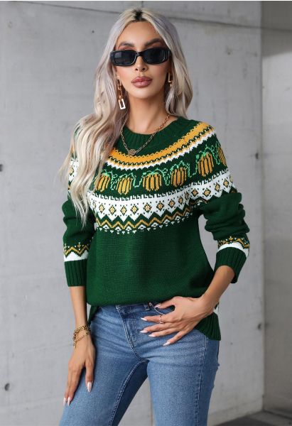 Pumpkin Delight Long Sleeves Knit Sweater in Green