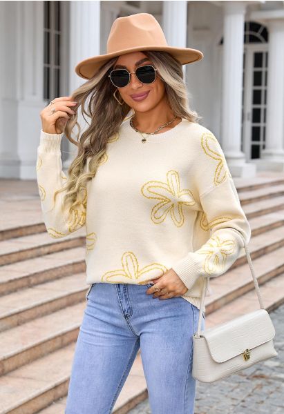 Floral Sketch Pattern Jacquard Knit Sweater in Light Yellow