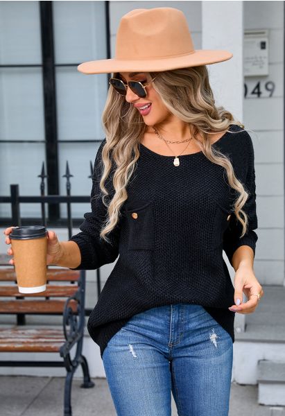 Buttoned Patch Pocket Waffle Knit Sweater in Black