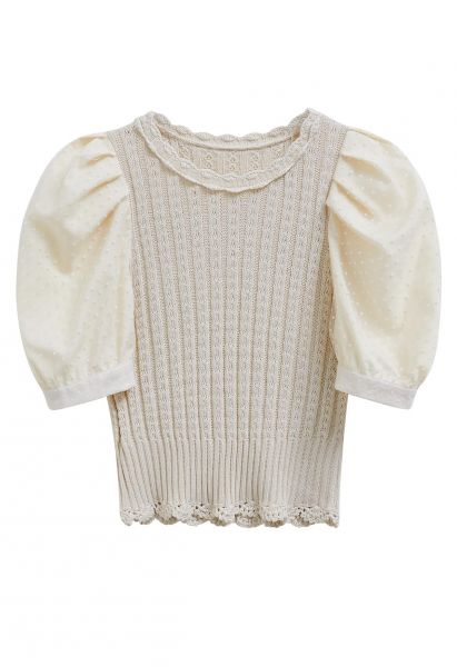 Flock Dot Mesh Sleeve Spliced Knit Top in Oatmeal