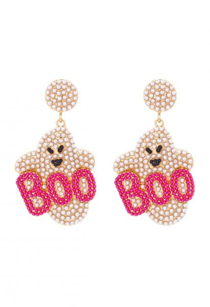 BOO Evil Ghost Pearl Earrings in Hot Pink