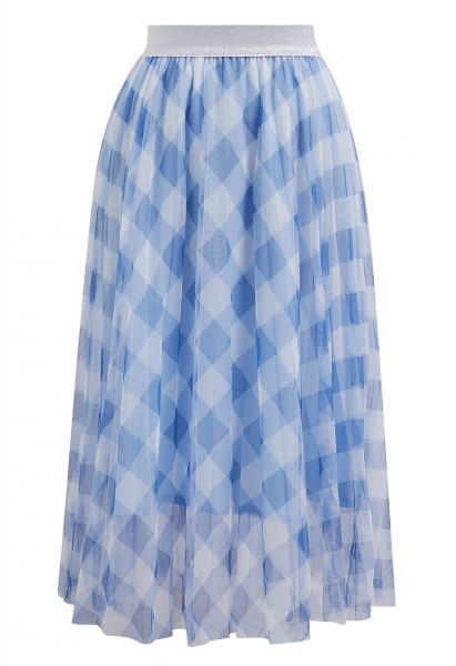 Gingham Print Mesh Tulle Midi Skirt in Blue