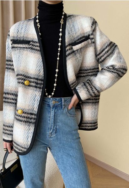 Retro Contrast Double-Breasted Fuzzy Coat in Black