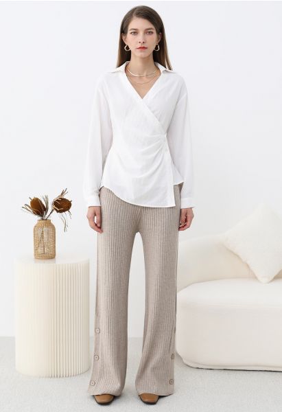 Buttoned Hem Ribbed Knit Pants in Oatmeal