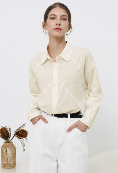 Geometric Panelled Cotton Button-Down Shirt in Cream