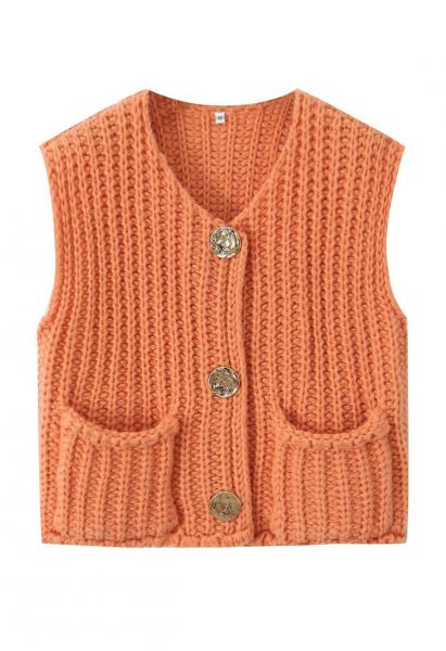 Bold Golden Buttons Patch Pocket Chunky Knit Vest in Orange