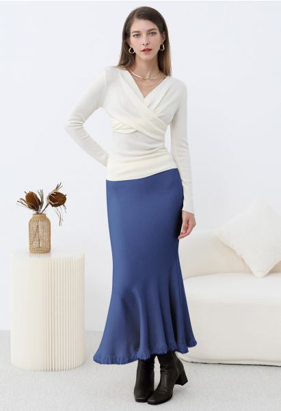 Easy Fringed Mermaid Knit Maxi Skirt in Blue