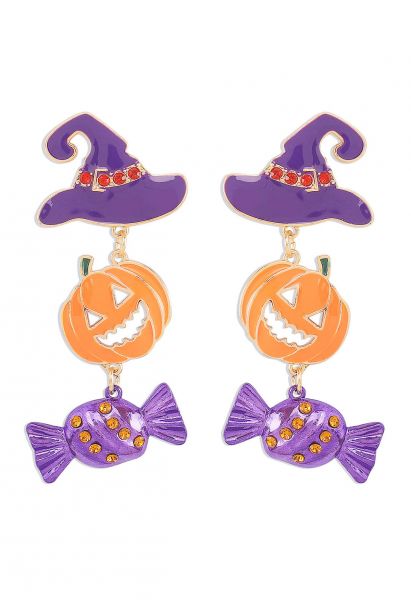 Witch Hat Pumpkin Candy Earrings in Purple