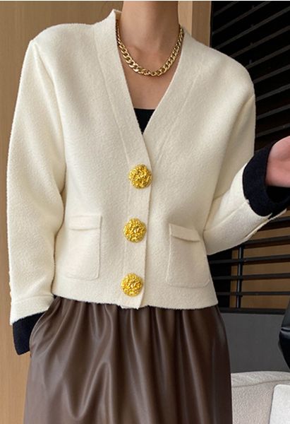 Eye-Catching Golden Stud Button Contrast Knit Cardigan in Ivory