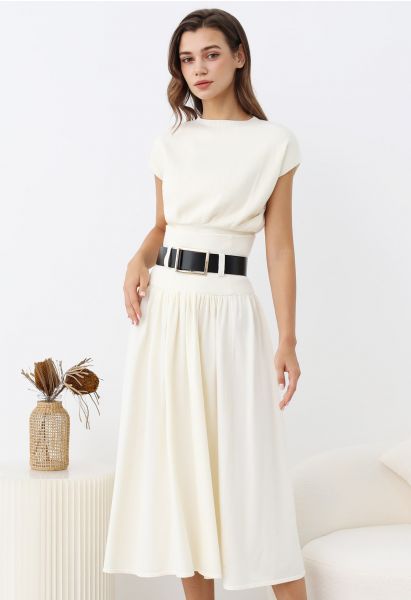 Gentle Knit Top and Belted High Waist Skirt Set in Cream