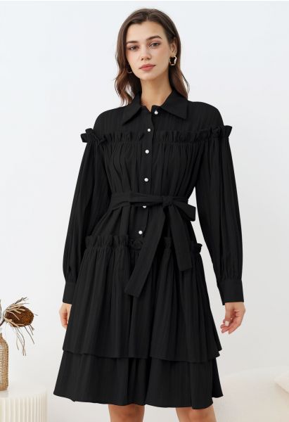 Ruffles Tiered Buttoned Belted Dolly Dress in Black