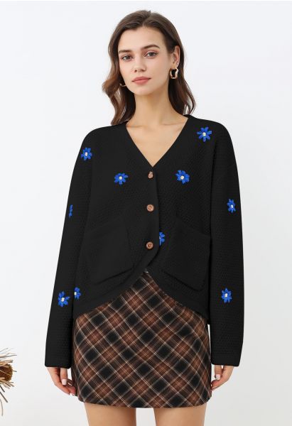 Endearing Stitch Flower Waffle Knit Cardigan in Black