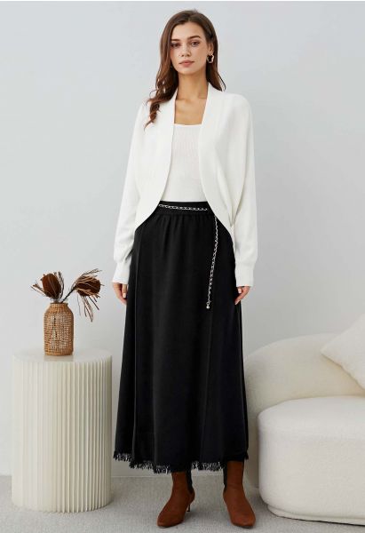 Chain Belt Fringe Hem Knit Maxi Skirt in Black