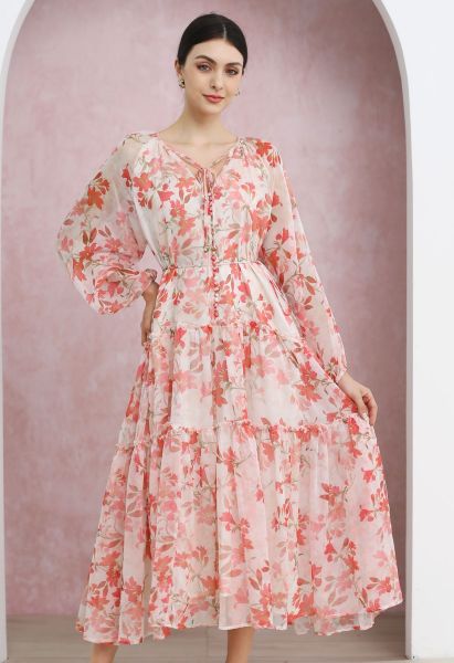 Azalea Bloom Tie Neck Chiffon Midi Dress